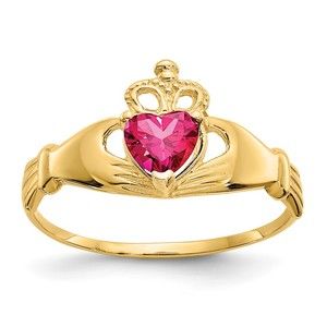 14k Gold Genuine CZ July Birthstone Claddagh Heart Ring, Size 7